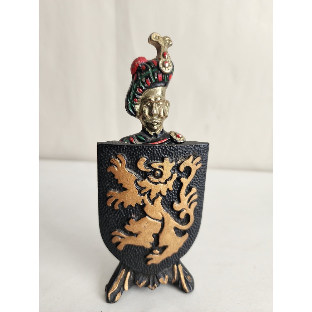 Vintage Scottish Highlander Brass Bottle Opener Cast Iron Lion Shield Stand Set